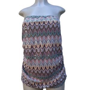 Vintage Express Tube Top Women's Large Multicolor Zigzag Knit Sequin Embellished